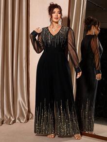 Cravure Plus Size Women's Luxurious, Elegant Mesh Patchwork Jumpsuit - Black - View 1