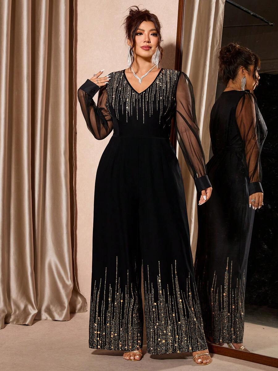 Cravure Plus Size Women's Luxurious, Elegant Mesh Patchwork Jumpsuit - Black - View 1
