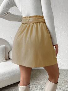 Pariaura Solid Color Paper Bag Waistband Button Elegant Office Casual A-Line Skirt Solid Color Women Belt High Waist Casual Khaki Skirt Corduroy Button-Front Skirt - Light Yellow - View 3