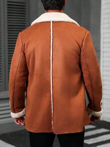 Manfinity Homme Men's Solid Color Double Breasted Casual Jacket, Fall/Winter, Mix And Match Fall Men Clothes, Winter Men Khaki Coat, Fleece Warm Coat Men Long Coat Men Shearling Coat Men Outerwear Earthy Coat Men Burnt Orange Coat Men - Brown - View 2
