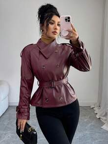 Islaluna معطف قصير مزدوج الصدر من قماش البولي يوريثان ذو لون أحادي، خريفي