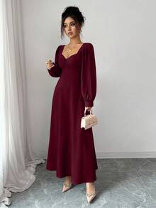 Elenzga 女士优雅方领泡泡袖束腰长裙，适合日常通勤 - 酒紅色 - 查看 4