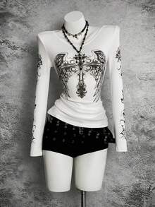 StreetHx 十字架印花V领薄款长袖T恤，朋克风 - 彩色 - 查看 1