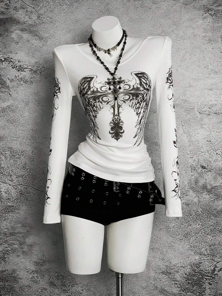 StreetHx 十字架印花V领薄款长袖T恤，朋克风 - 彩色 - 查看 1