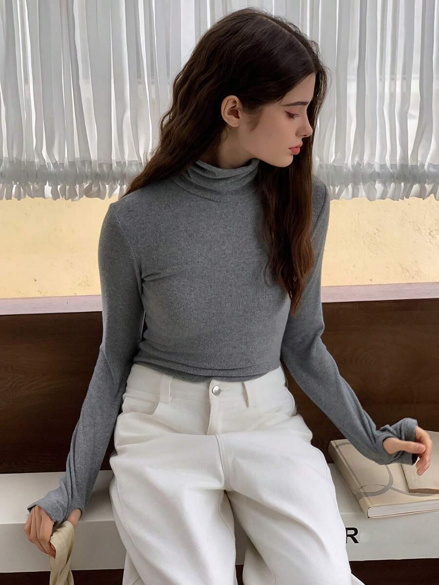 Dazy Kids Camiseta de punto de cuello alto de unicolor de manga larga, casual y versátil para adolescentes