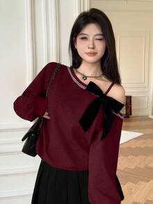 Modelyn Autumn/Winter Bowknot Loose Korean Style Casual Cropped Sweatshirt