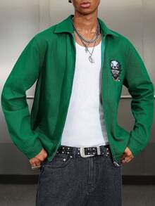 Manfinity ZONE917 Men's Casual Cartoon Pattern Zip-Up Denim Long Sleeve Jacket, Autumn OVERSIZE Regular Washed Party College Washed Denim Jacket - Green - View 3