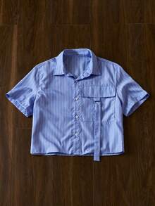 SWAVVY Woven Striped Printed Casual Shirt Suitable For Everyday Wear, Baggy Short Sleeve Button Up Stripe Blue Shirt
