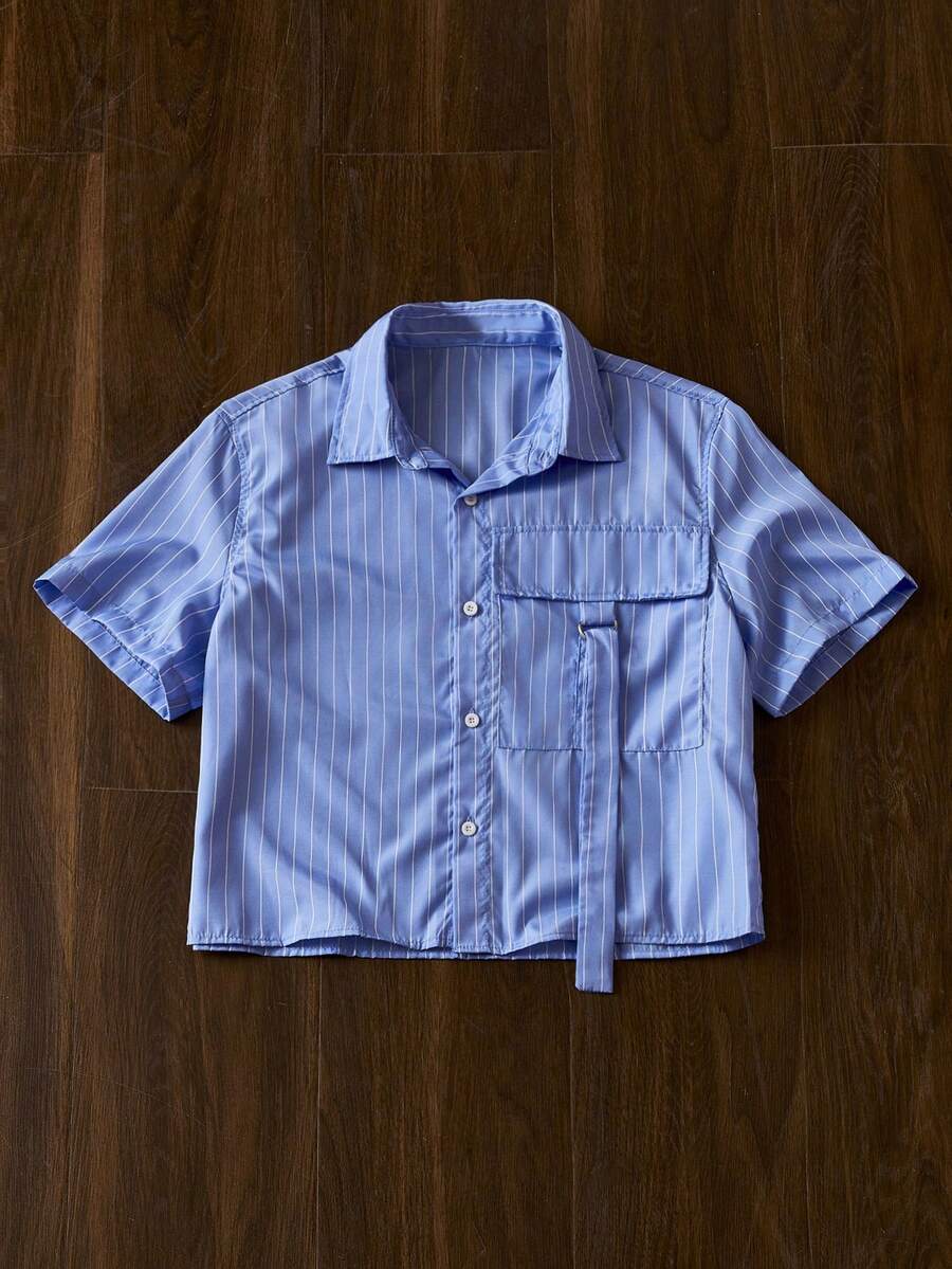SWAVVY Woven Striped Printed Casual Shirt Suitable For Everyday Wear, Baggy Short Sleeve Button Up Stripe Blue Shirt