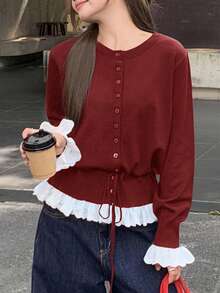 DAZY Patchwork Contrast Color Ruffle Splice Long Sleeve Round Neck Drawstring Tie Casual Sweater For Women, Autumn/Winter - Red - View 5