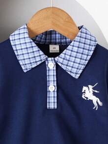 Young Girls Navy Blue Plaid Collar Long Sleeve Embroidered Horse Polo Shirt Top Paired With Pleated Skirt Set, Spring/Autumn, Collegiate Style Children Fashion 2 Pieces Outfit