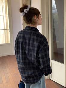 DAZY Teen Girl Casual Everyday Workwear Loose Fit Dropped Shoulder Plaid Print Long Sleeve Shirt, Spring/Autumn - Navy Blue - View 4