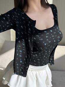 Dazy Plus 2 件大码女式碎花吊带背心和开衫套装，春秋 - 黑色 - 查看 8