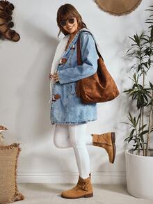 EMERY ROSE 女士秋冬长袖连帽牛仔外套，纽扣闭合，加厚牛仔面料，带保暖内衬 - 藍色 - 查看 6