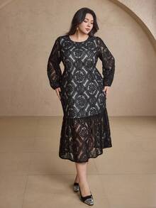 Dazy Plus Vestido Solto de Manga Lanterna com Renda Estilo A-Line para Mulheres Plus Size, Adequado para Festa, Encontro, Baile de Formatura, Vestidos Elegantes para Mulheres - Preto - Visão 6