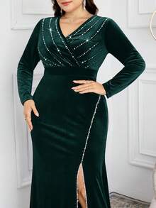 Modelyn Plus Size Women's Elegant Party Rhinestone V-Neck High Slit Maxi Dress - Dark Green - View 3