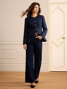 Lilora Women's Elegant Commuter Sequin Tweed Jacket For New Year - Blue - View 5