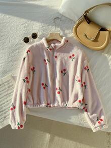 SHEIN 1pc Girls Heart Print Zip-Up Collar Fuzzy Jacket, Casual Outerwear For Autumn/Winter - Pink - View 5