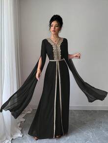 Rafferiza Đầm maxi màu đỏ cổ chữ V ren vàng bồng bềnh, tay dài, dáng chữ A, thiết kế thanh lịch, sang trọng, dành cho nữ, mùa xuân/hè - màu đen - Xem 5