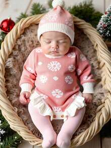 SHEIN 2Pcs Set Knitted Newborn Girl Romper With Matching Pom Hat Baby Girl Photography Outfits 1 Month 100 Days Baby Photo Shooting Props - Multicolor - View 8