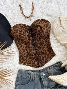 Soleia 女士休闲百搭吊带背心，露背系带设计，豹纹印花，适合海滩、婚礼、毕业典礼、圣帕特里克节、春假、复活节、音乐节等场合，打造波西米亚风、热带风情和优雅气质。 - 咖啡棕 - 查看 1