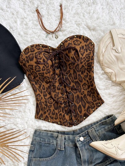 Soleia Women's Casual Versatile Camisole Top With Backless Tie-Up Design, Leopard Print, Suitable For Beach, Wedding, Graduation, St. Patrick's Day, Spring Break, Easter, Music Festivals, Bohemian, Tropical, Elegant