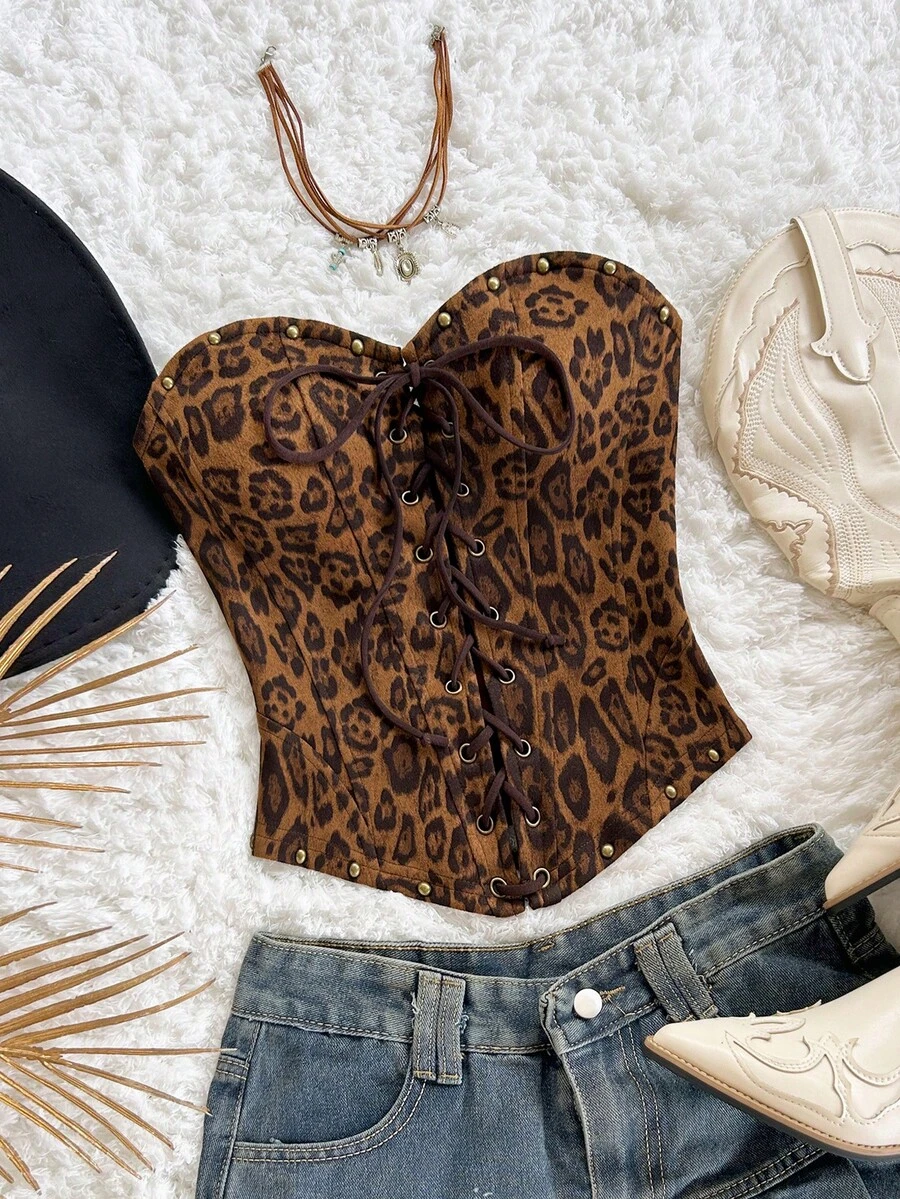 Soleia 女士休闲百搭吊带背心，露背系带设计，豹纹印花，适合海滩、婚礼、毕业典礼、圣帕特里克节、春假、复活节、音乐节等场合，打造波西米亚风、热带风情和优雅气质。 - 咖啡棕 - 查看 1