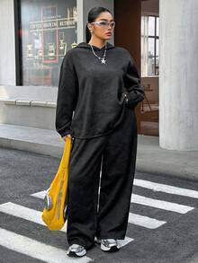 Muchica Plus Size Women Black Dropped Shoulder Long Sleeve Hoodie And Wide Leg Pants Casual Loose 2 Pieces Set/Winter - Black - View 5