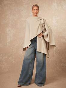 Lumalex Áo choàng VITNOS mùa thu đông cao cấp thanh lịch một bên vai tay rộng, viền bất đối xứng, cổ áo vải lanh, quần áo mùa thu, thích hợp cho đi chơi đêm, tiệc tùng, đêm hẹn hò, đồng quê, về quê, giải trí, kỳ nghỉ lễ, Halloween, Giáng sinh - Màu Khaki - Xem 6