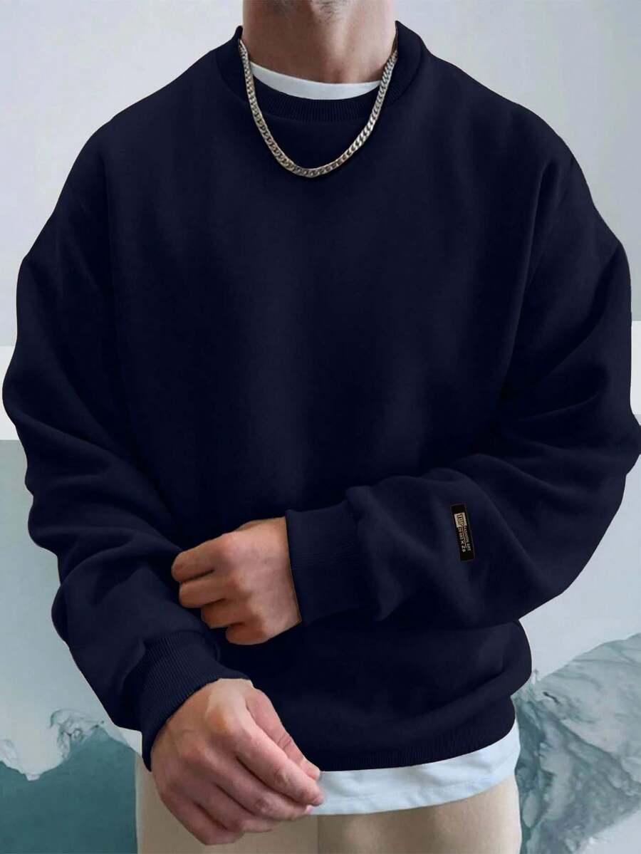 EURMUSE 100%Cotton Men Letter Patched Drop Shoulder Sweatshirt - Navy Blue - View 1