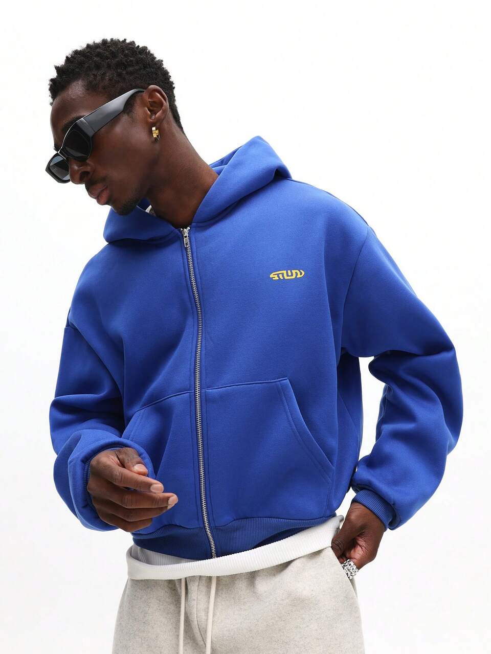 SUMWON Crop Fit Men's Full Zip Hoodie With Statement Text Graphics - Casual Sweatshirt With Drawstring Hood And Centre Pocket