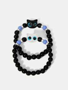 Y2Kool 2pcs Cute Big Eyes Cat Luminous Bracelet, Suitable Gift For Couples, Friends - Black and White - View 1