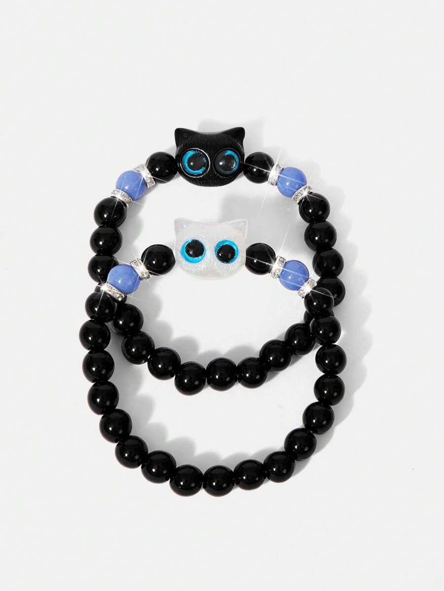 Y2Kool 2pcs Cute Big Eyes Cat Luminous Bracelet, Suitable Gift For Couples, Friends - Black and White - View 1