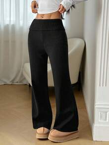 SHEIN PETITE Women's Casual Foldover Waist Knit Pants, Autumn/Winter,Fall,Fall Clothes For Women - Black - View 8
