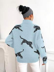 SHEIN Clasi Áo len cổ lọ tay dài họa tiết động vật dành cho nữ - Màu xanh nhạt - Xem 2