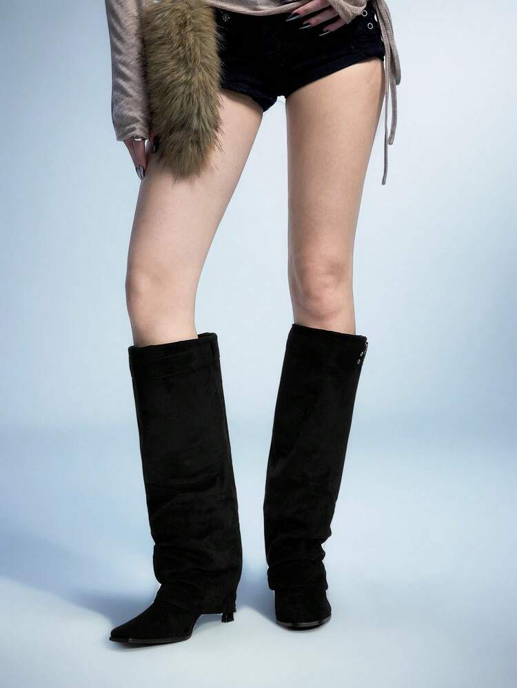 Sugerpunk Asymmetriska, rynkade stövlar med rund tå, tjock klack och dubbelspänne, höst/vinter, dam - Svart - Visa 2