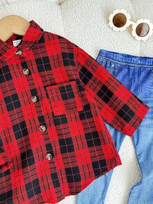 SHEIN 2pcs Baby Girl Cute Red Plaid Shirt And Pants Set, Suitable For Autumn And Winter - Multicolor - View 5