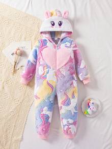 年轻女孩可爱夜光紫色毛绒刺绣脸连帽长袖舒适休闲连体裤家居服 - 紫色 - 查看 2