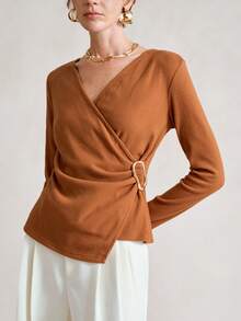 SHEIN Stylify 2025 Herbst Neuankömmling waschbare Merinowolle Überlappung V-Ausschnitt Strickpullover für Frauen, elegantes Design, modische Pendlerkleidung, Winterunterwäsche, geeignet für Familienfeiern, Weihnachten, Halloween, Valentinstag, Neujahr - Braun - Übersicht 5