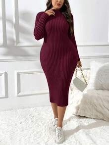 SHEIN Essnce 大码立领合身休闲舒适弹力毛衣裙 - 酒紅色 - 查看 5