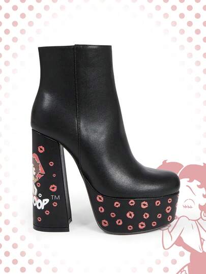 Betty Boop | ROMWE Botas de tobillo y botas cortas con plataforma de tacón grueso de punta cuadrada, estampado de dibujos animados, cremallera lateral y moda para fiesta para mujeres