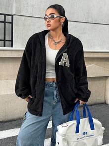 SHEIN EZwear Áo khoác nỉ có mũ trùm đầu họa tiết chữ cái cỡ lớn dành cho nữ, mùa thu/đông - màu đen - Xem 6