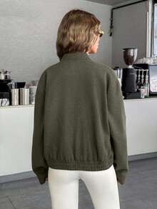 EURMUSE Women's Cropped Bomber Jacket With Elastic Hem And Minimalist Design, Stylish And Versatile Outerwea - Army Green - View 2