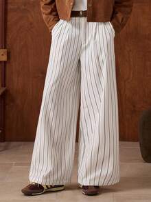 SWAVVY Quần ống rộng kẻ sọc thường ngày thời trang nam - trắng - Xem 5