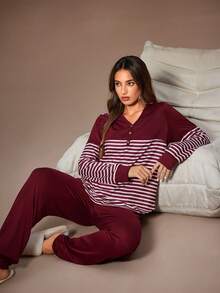 Lazeform Set de lenjerie intimă casual pentru femei, cu dungi, contrastant, cu blocuri de culoare, cu decolteu în V, mânecă lungă