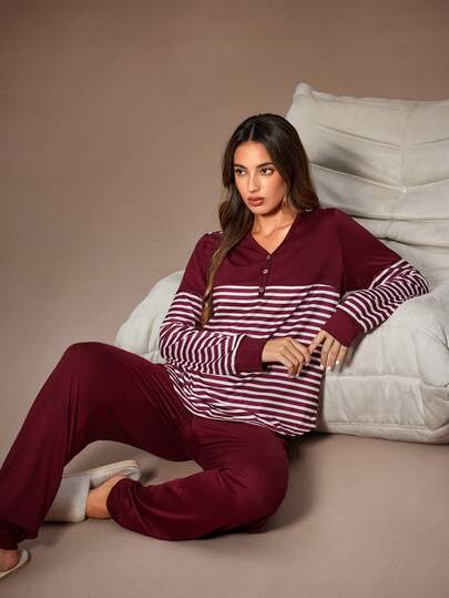 Lazeform Conjunto de ropa de estar en casa de mujer con bloque de color a contraste de rayas, cuello en V y manga larga - Ropa de invierno