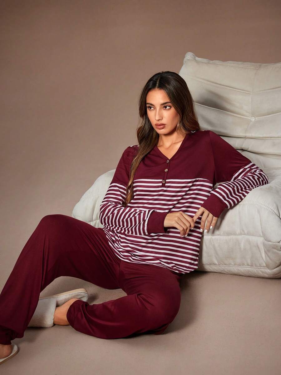 Lazeform Set de lenjerie intimă casual pentru femei, cu dungi, contrastant, cu blocuri de culoare, cu decolteu în V, mânecă lungă