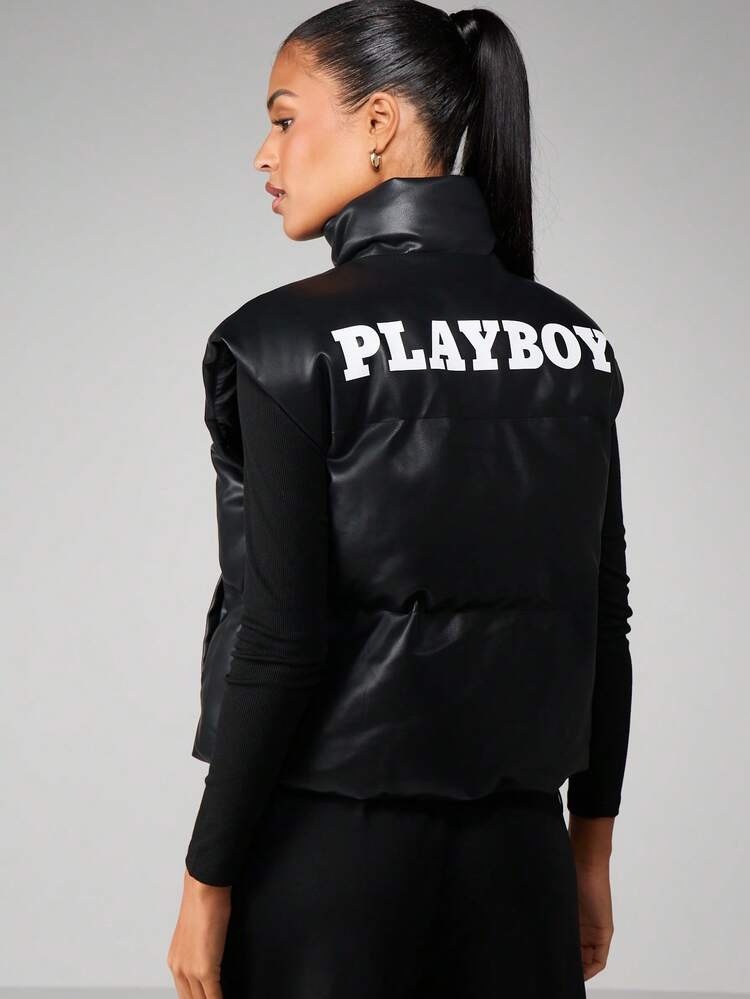 Missguided x Playboy Bunny Logo Oversized Puffer Gilet Vest Winter Coat With Full Zip Closure And Side Pockets
