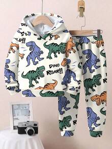 SHEIN 2 件套男童休闲宽松恐龙印花连帽衫和裤子套装，适合秋冬季