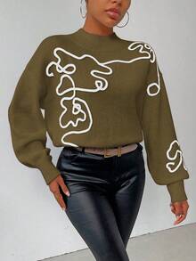 SHEIN LUNE Women's Contrast Color Pattern Turtleneck Long Sleeve Sweater - Dark Green - View 4